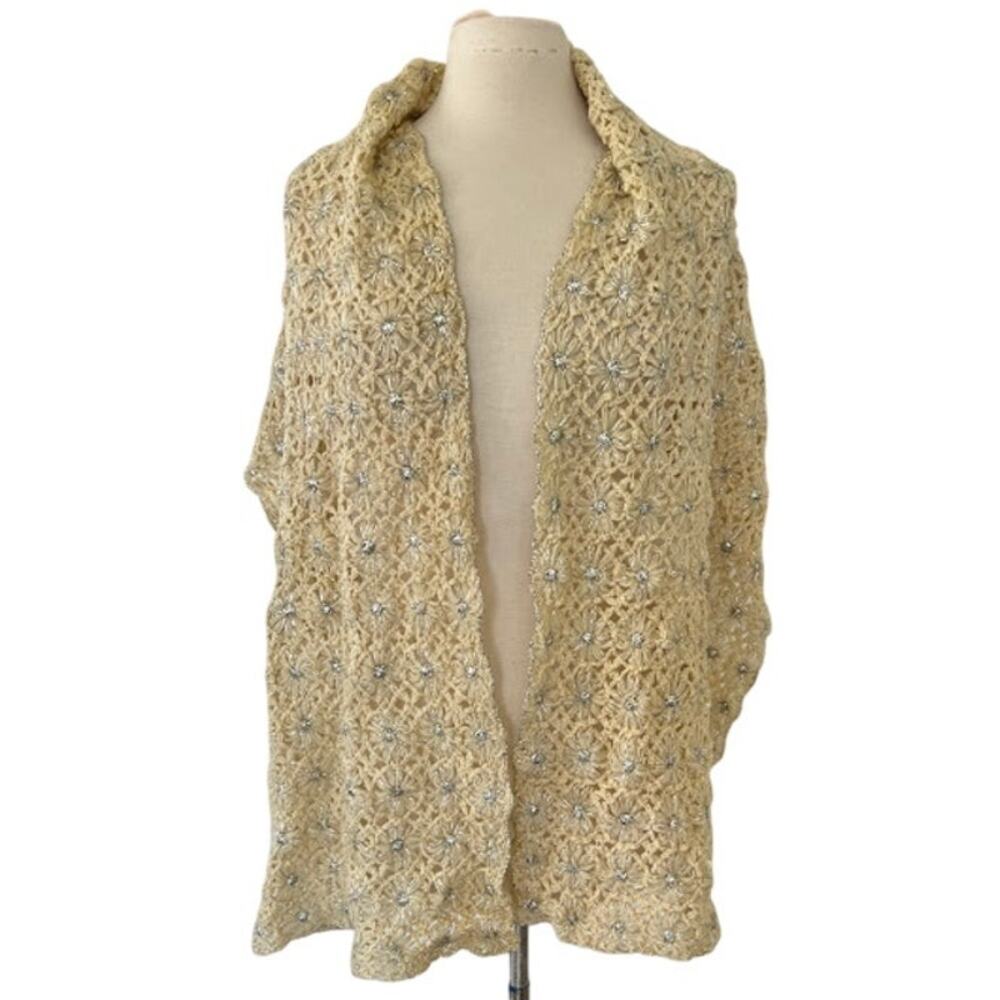 Vintage Handmade Beige Cream Crocheted Shawl Wrap OS w/Silver Metallic Accents